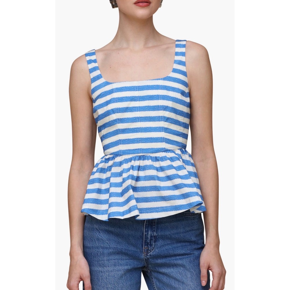 Avec‎ Les Filles Blue White Striped Peplum Tank Top Square Neck NWT XL